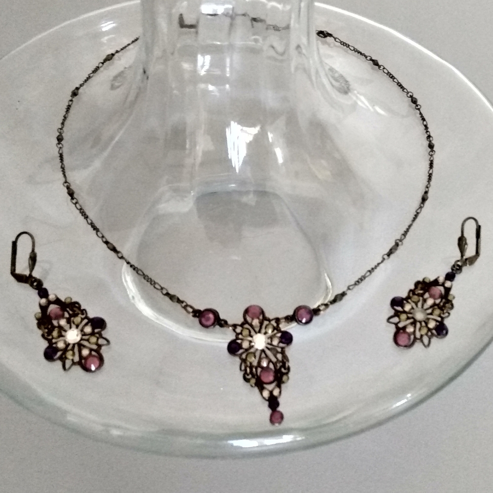 Gold Bronze Silver Tone Purple Pink Floral Necklace and Earings